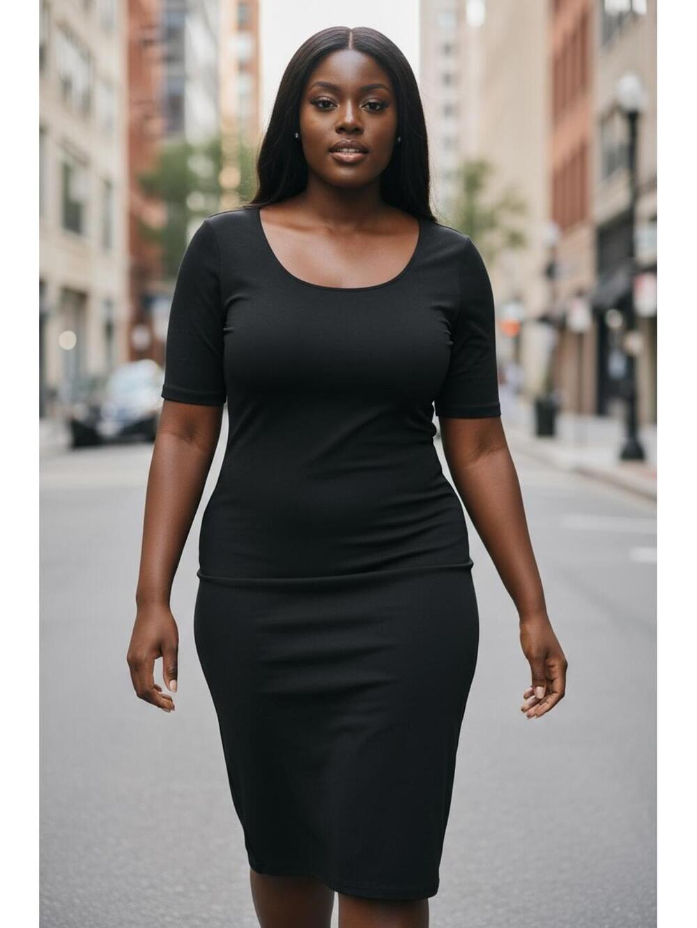 Black Short Sleeve Bodycon Dress with Back Zipper